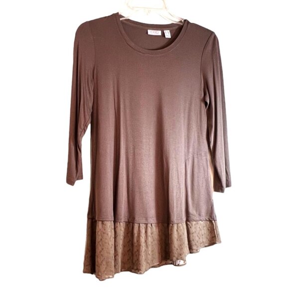 LOGO Camel-Colored Tunic w/2 Front Pockets, 3/4 Sleeves & Ruffle Bottom, Sz XXS - Picture 1 of 13